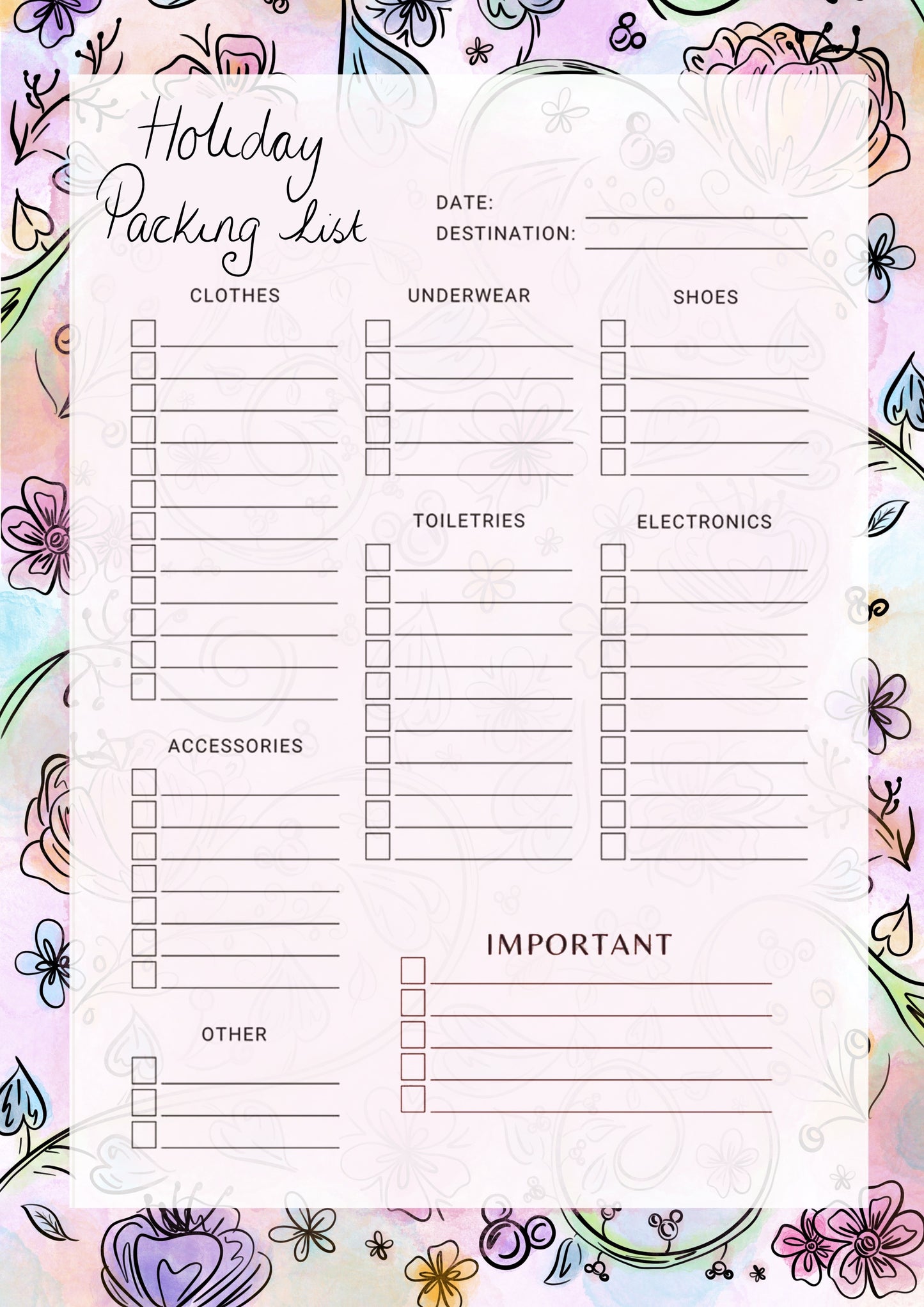 Holiday planning and packing sheets X6 A5