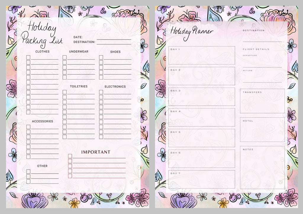 Holiday planning and packing sheets X6 A5
