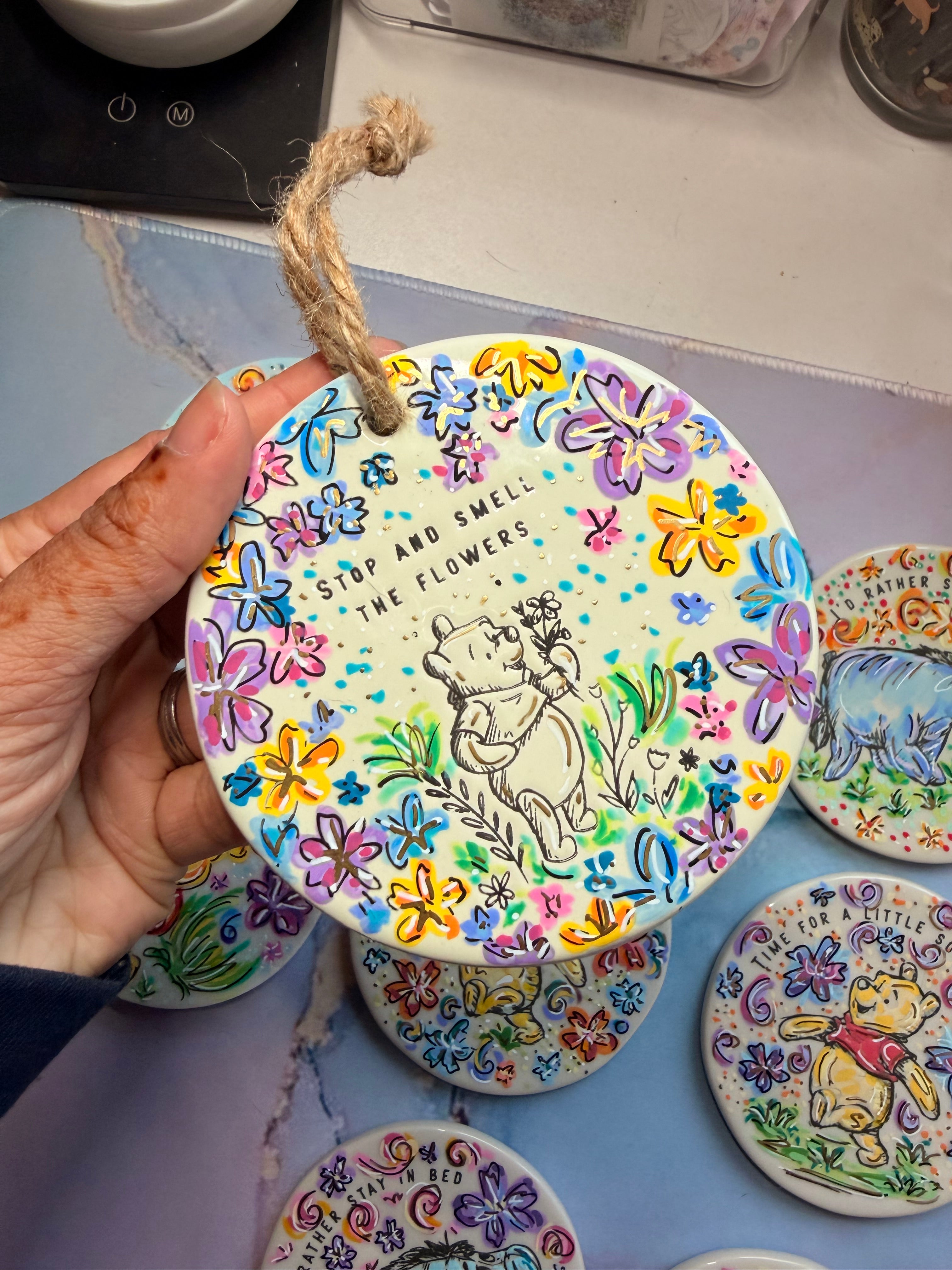 Pooh hanging ORNAMENT - CUSTOM BLUE FLOWERS