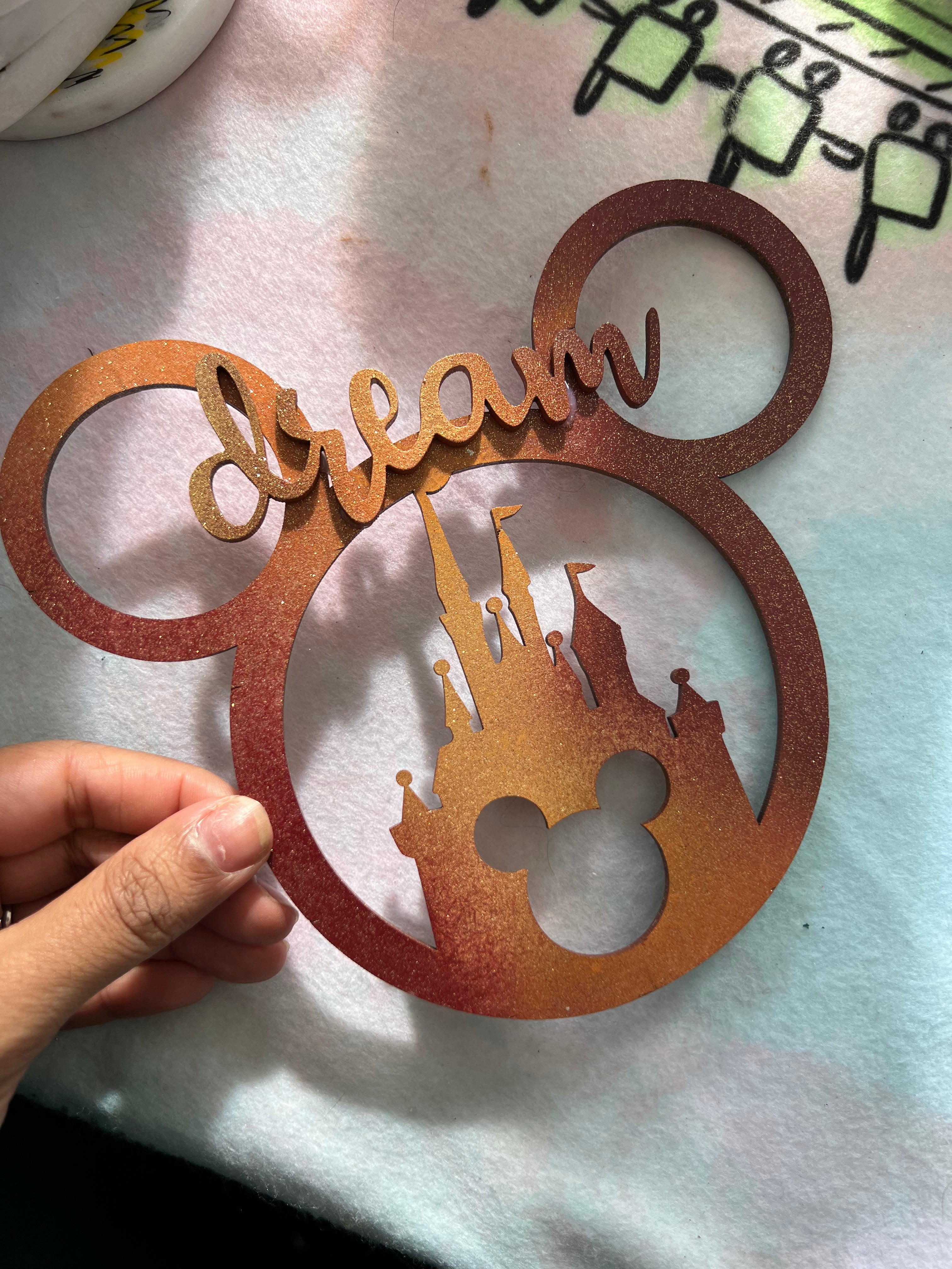 Wooden glitter Mickey head home decor orange and red