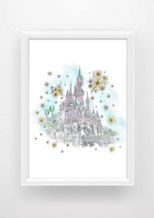 Paris castle floral sleeping beauty Print / Sticker / bookmark