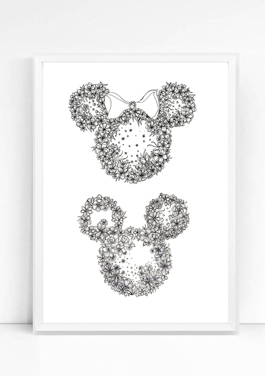 Mickey Minnie Floral Head Print / Sticker / bookmark