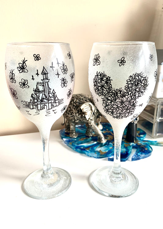 castle and Mickey Mouse floral wine glasses X2